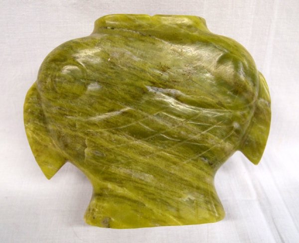 Chinese Carved Soapstone Fish Jar: Chinese Carved Soapstone Fish Jar, two natural indentations on rim (not chips), measures 6.25''H x 8''W, gorgeous green serpentine color