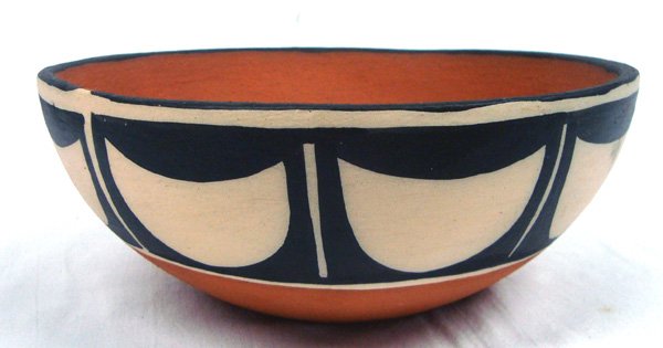 Santo Domingo Chili Bowl -- Anna M.T. Lovato: Santo Domingo Polychrome Chili Bowl -- Anna M.T. Lovato, has broken ''spirit line'' on rim, features crescent moon designs, many Santo Domingo Pueblo pottery designs are created by large blocks of bla
