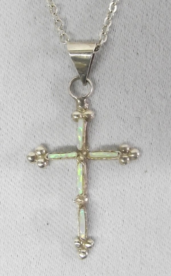 Navajo Sterling Opal Cross Pendant Necklace: Navajo Sterling Opal Cross Pendant Necklace, sterling chain measures 18'' end to end and cross measures 1.5''L x .75''W, necklace features 5 needlepoint opal stones, sterling silver bead accents