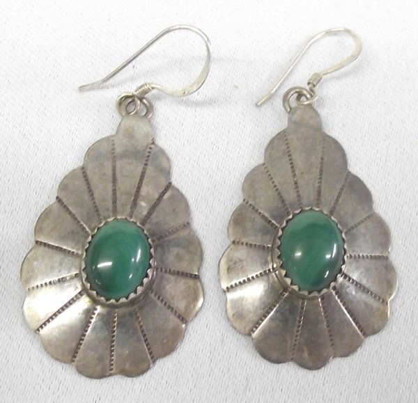 Vintage Navajo Sterling Malachite Earrings: Vintage Navajo Sterling Malachite Earrings, teardrop shaped, hand stamping with scalloped edges, stamped sterling, measures 2''L x 7/8''W
