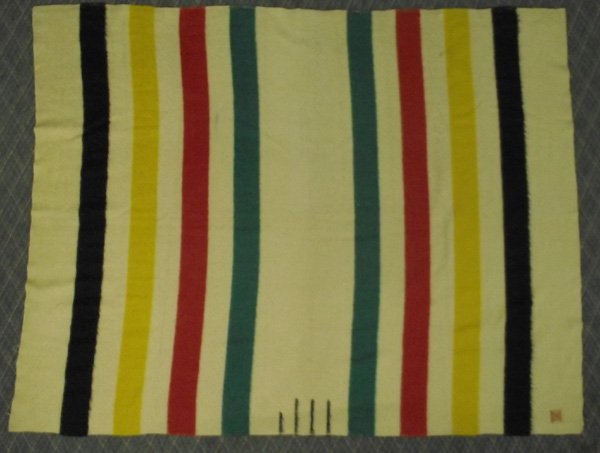Hudson Bay Point Blanket: Hudson Bay Point Blanket, measures 68'' x 124'', 4 Beaver, has original tag in corner which reads ''Hudson's Bay Point Blanket Hudson's Bay Company Incorporated 1670 The Seal of Quality Made in Englan