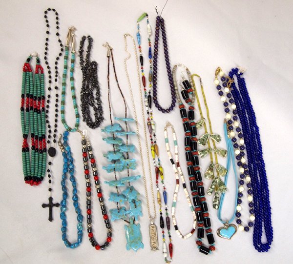 Collection Southwest Necklaces: Collection of 18 Southwest Necklaces. Great selection of color and bead types in this large collection. Included are turquoise, coral, jet, shell, hematite, heishi, apple coral, charite and various co
