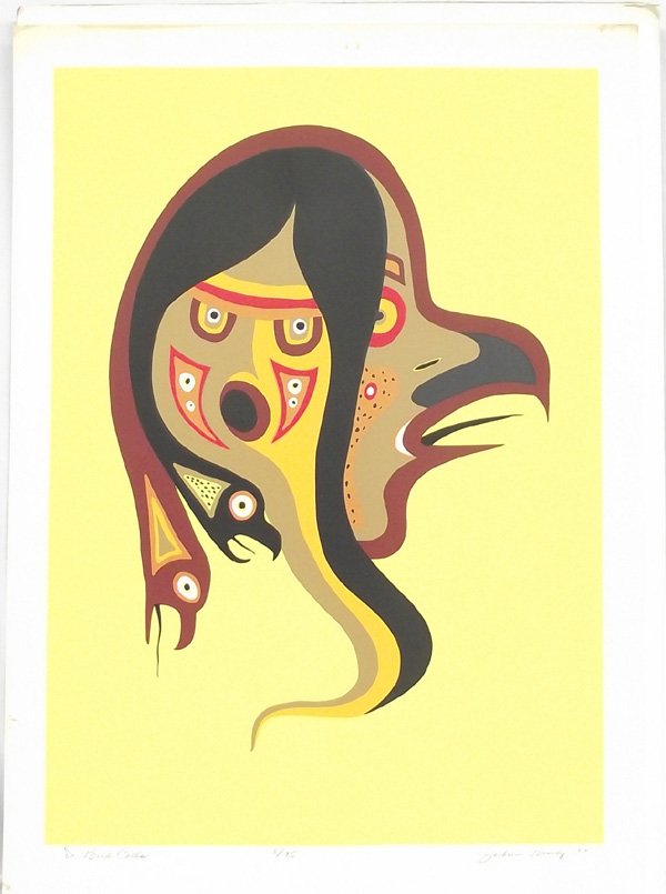 1977 Signed and Numbered Print -- Jackson Beardy: 1977 Signed and Numbered Limited Edition Silkscreen Print ''Bird Calls'' -- Jackson Beardy, 8/75, some staining along white edging, vibrant palette, measures 22.5'' x 30.5'', certificate of authentici