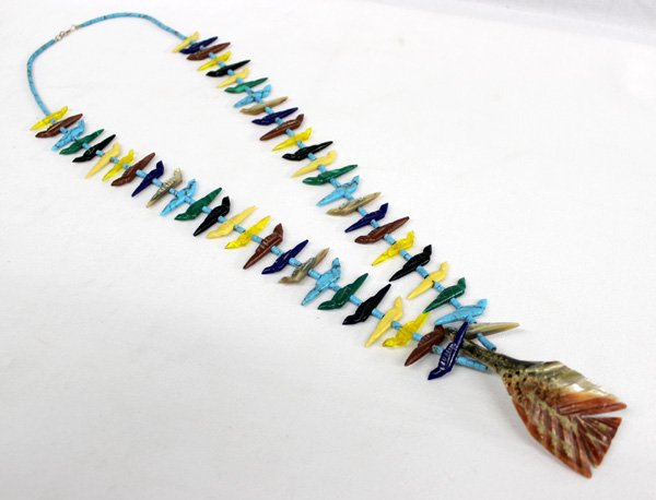 1970 Zuni Bird Fetish Necklace: 1970 Zuni Bird Fetish Necklace, this stunning piece features handcarved bird fetishes of turquoise, red shell, jet, amber, abalone, jasper, lapis, malachite, and cream colored shell, turquoise spacer