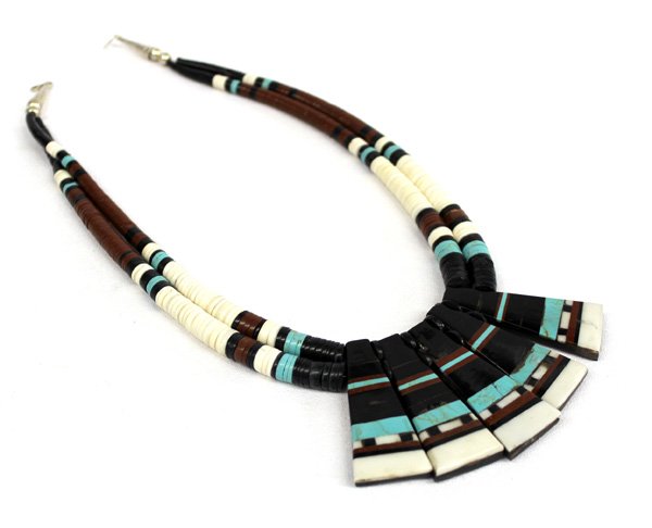 1970s Santo Domingo Inlay Necklace: 1970s Santo Domingo Inlay Necklace, features 5 large stone to stone inlay beads of which the black pieces are cut from old vinyl albums, inlay also consists of turquoise, soapstone, and mother of pear