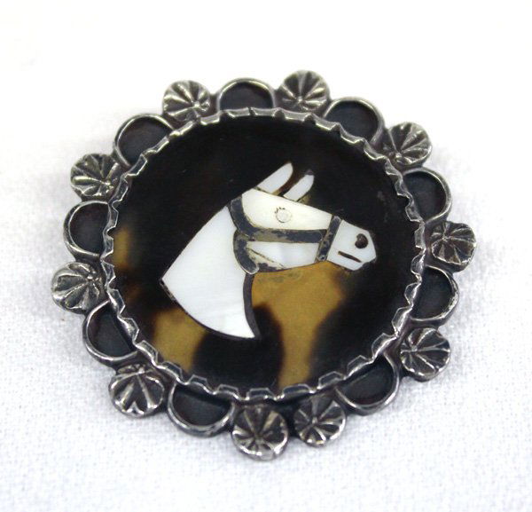 Vintage Zuni Sterling Inlay Horse Pin Pendant: Vintage Estate Zuni Sterling Inlay Horse Pin Pendant, traditional style setting featuring peyote bead and scroll accents, stone to stone inlay, measures 1.75in. Diameter