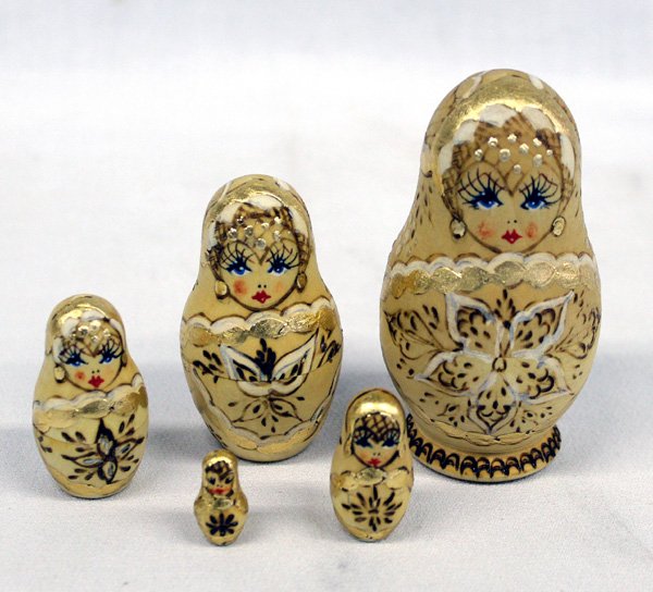 Russian Wooden Nesting Dolls with Gold Laminate: Russian Wooden Nesting Dolls with Gold Laminate, Largest doll measures 3.5''H