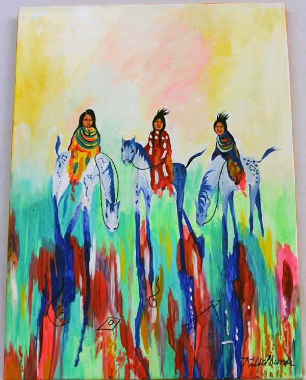 Original Painting by Kills Thunder: Original Painting by Kills Thunder. This beautiful Piece is titled ''Journey Home'' and measures approx. 24''H x 18''W. Informational piece about the artist attached to back. Kathleen Kills Thunder wa