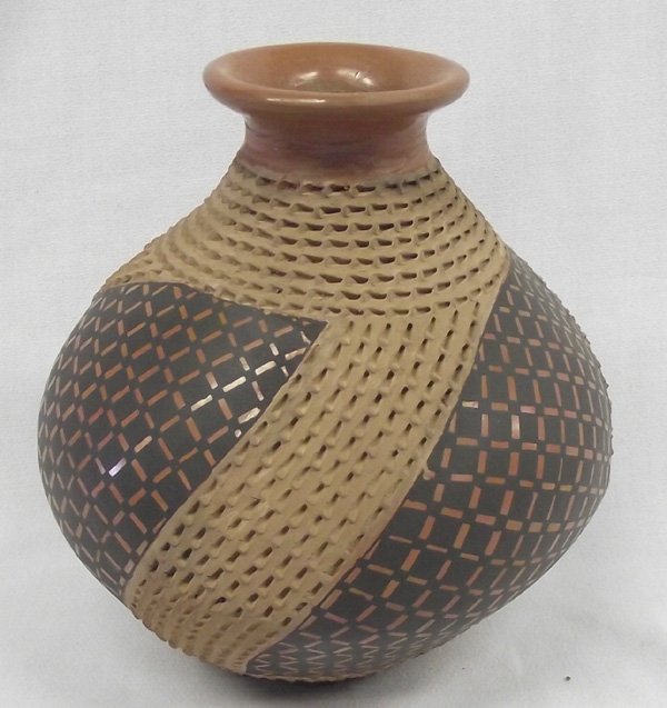 Mata Ortiz Textured Geometric Jar - Benjamin Soto: Mata Ortiz Textured Geometric Jar - Benjamin Soto, this beauty features a combination of texture and eyedazzling checkerboard designs, polychrome in colors of black-rust-light brown, highly burnished 