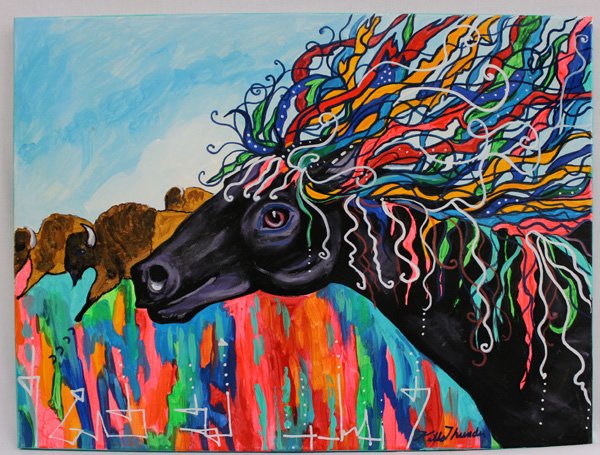 Original Acrylic Wild Pony by Kills Thunder: Original Painting by Kills Thunder. This beautiful Piece is titled ''Wild Pony'' and measures approx. 18''H x 24''W. Informational piece about the artist attached to back. Kathleen Kills Thunder was b
