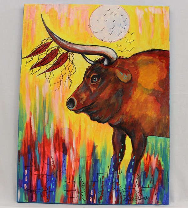 Original Painting by Kills Thunder: Original Painting by Kills Thunder. This beautiful Piece is titled ''Red Bull Journey Home'' and measures approx. 24''H x 18''W. Informational piece about the artist attached to back. Kathleen Kills T