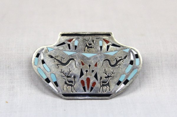 Zuni Sterling Inlay Olla Pin Pendant - Peynesta: From the Collection of Nick and Suzanne Nicholas. Zuni Sterling Silver Channel Inlay Olla Pin Pendant by Q and D Peynetsa, measures 3.75 in. wide x 1 in. high, a spectacular piece which features stone