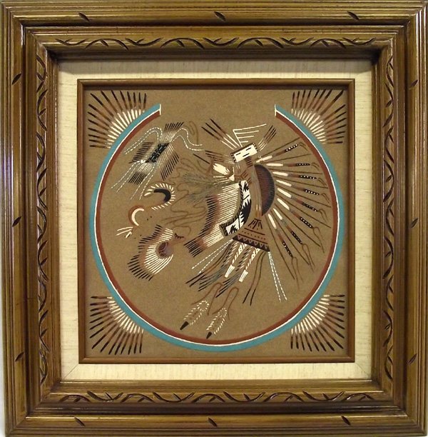 Original Framed Navajo Sand Painting by Jonah Begay: Original Navajo Sand Painting by Jonah Begay. From the collection of Nick and Suzanne Nicholas. This Striking painting is framed and is called a ''hunchback yei with rainbow'' The item is signed on th