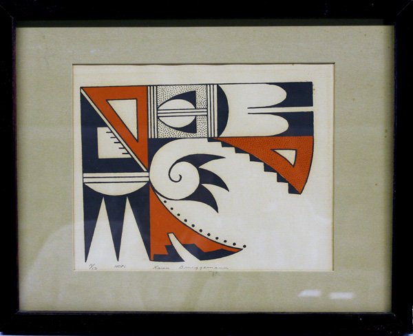 Signed and Numbered Hopi Print by Karen Brueggemann: Framed, Signed and Numbered Hopi Print by Karen Brueggemann. Karen is a Southwestern artist from New Mexico. This Unique print is framed and matted behind glass and has a visual measurement of approx.