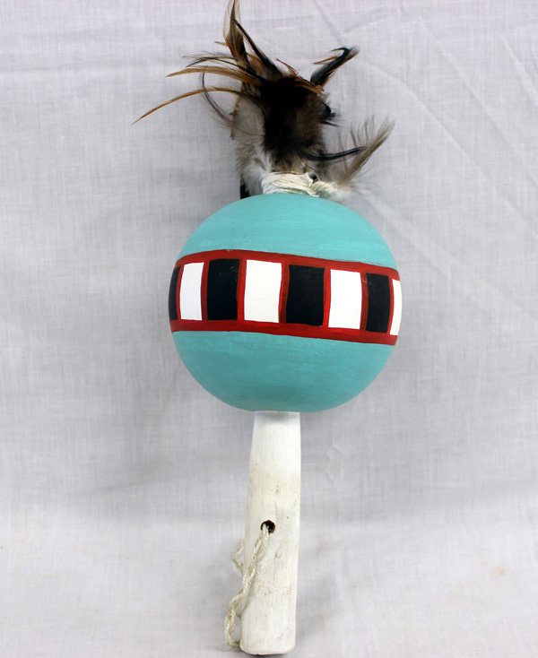 Hopi Handpainted Gourd Rattle by S. Tenak-Honeya: From the Nick and Suzanne Nicholas Collection we have a Hopi Handpainted Gourd Rattle by S. Tenak-Honeya, wooden handle and feathered topknot, signed on bottom by artist and marked Hopi, features brig