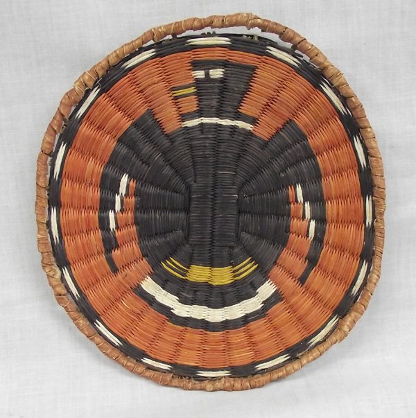 Hopi Ceremonial Tricolored Turkey Woven Basket: From the Collection of Nick and Suzanne Nicholas. Hopi Ceremonial Tricolored Turkey Woven Basket, measures 7 in. x 7 in.