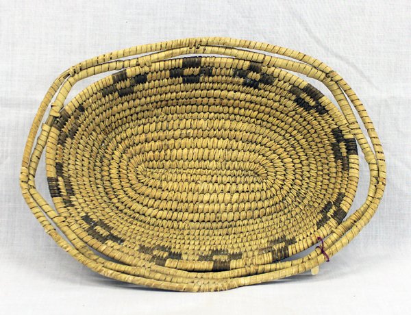 Vintage Pima Tray Basket with Handles: Vintage Pima Basket, measures 7'' x 10'', features cross designs just under double coil rim, tightly woven, fabulous piece