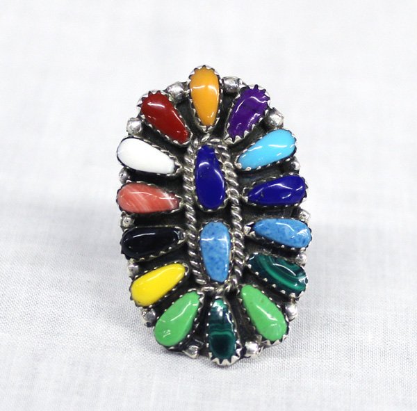 Navajo Sterling Multistone Cluster Ring - Williams: Navajo Sterling Multistone Cluster Ring - Juliana Williams, size 8.5 and measures 1.5''L x 1''W, gorgeous traditional style cluster setting featuring a wide variety of stones: coral, angel coral, sugi