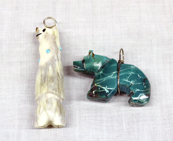 Zuni Handcarved Bear Fetish Pendants: Zuni Handcarved Bear Fetish Pendants, #1 Bone Polar Bear with turquoise, jet, and coral accents, signed by artist on bottom of foot CD and on other Z foot #2 carved turquiose bear with turquoise and j
