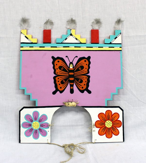 Hopi Handpainted Tableta Headdress: From the Nick and Suzanne Nicholas Collection we have a Hopi Butterfly Maiden Tableta, measures 17.5''H (includes feathers) x 14''W, small braided jute ring to protect top of head, gorgeously painted 