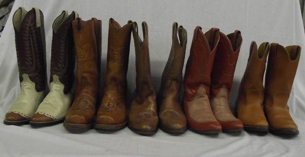 Collection of Cowboy Boots Made in the USA: Collection of Cowboy Boots, 5 pairs, #1 Cream and Brown Wingtipped size 7D, made in the USA #2 Brown Square Toes Durango West size 7.5M, made in USA, etched pattern on tops #3 Light Tan Ropers size 6.