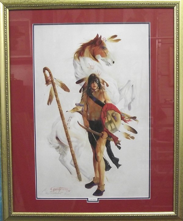 Seminole Framed & Numbered Print by G. Montgomery: Framed, Matted & Numbered Print by Gary Montgomery. From the collection of Nick and Suzanne Nicholas. He is a Native American of the Seminole tribe who once had anticipated a career in baseball, but b
