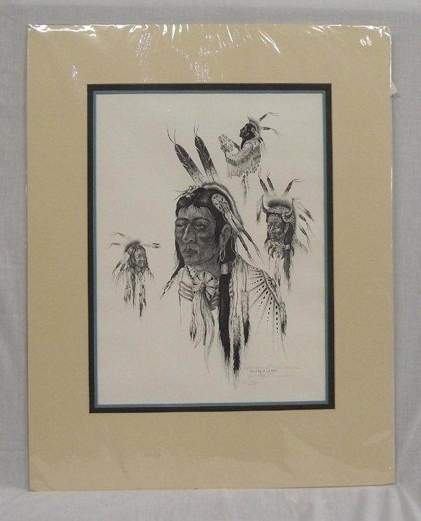 Kiowa Numbered Print Wooden Lance - Woody Crumbo: From the Nick & Suzanne Nicholas Collection. Kiowa Signed and Numbered Print ''Wooden Lance'' Kiowa by Woody Crumbo, measures 20''L x 15''W 274/750, signed in lower right-hand corner of print in penci