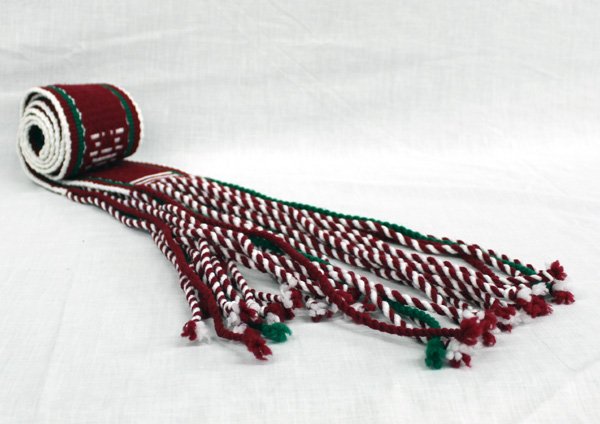 Hopi Woven Dance Sash: From the Nick and Suzanne Nicholas Collection we have a Hopi Woven Dance Sash, measures 37''L x 3.5''W, loom woven, vibrant burgundy, white, and green, tight weave