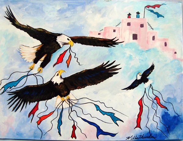 Original Acrylic Painting Eagles Crest - Kills Thunder: Original Acrylic Painting by Kills Thunder titled ''Eagles Crest''. Kathy Kills Thunder was born in Seattle Washington. Her Father was a Sioux Indian fron the Fort Peck Reservation in Northeast Montan