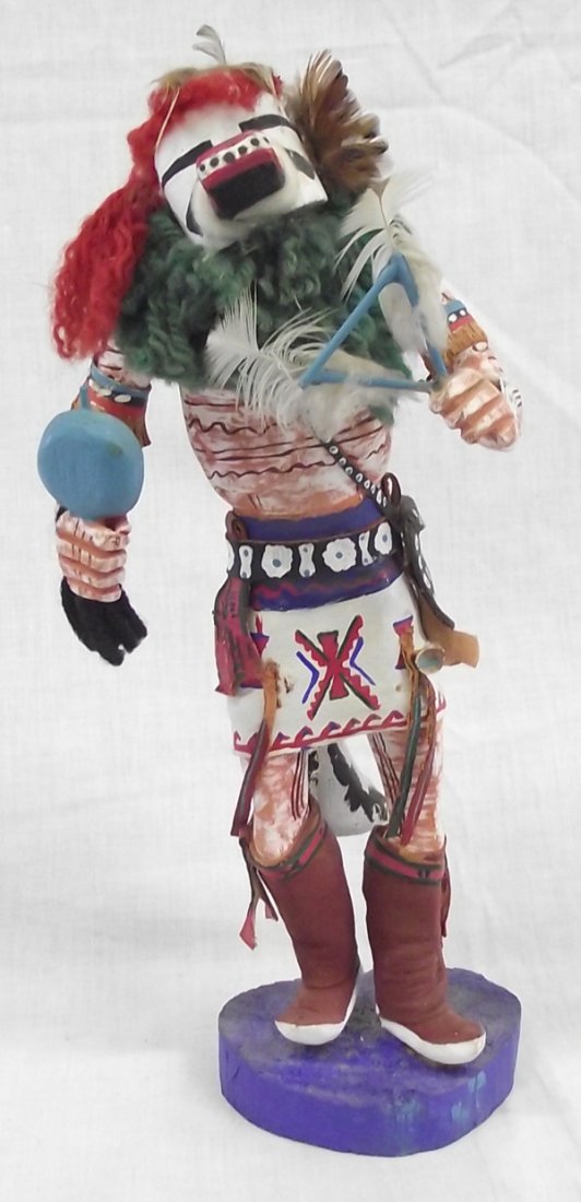 Hopi Handpainted & Handcarved Wooden Harvest Kachina: From the Collection of Nick and Suzanne Nicholas. Features Hopi Harvest Kachina in full regalia, hand painted leather dance kilt with painted leather pouch and dance sash, kilt is accented with painte