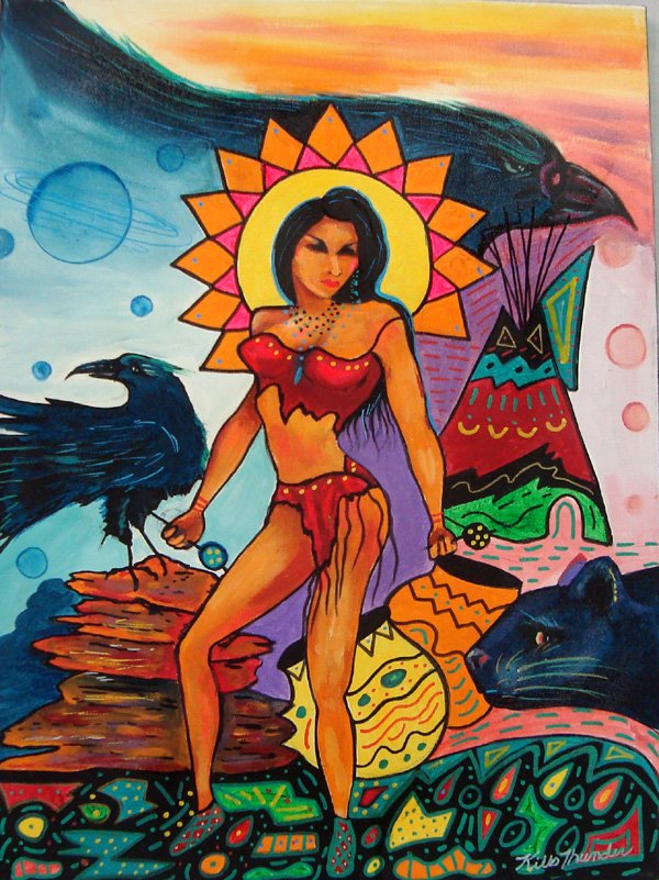 Original Acrylic Painting Spirit Woman by Kills Thunder: Original Acrylic Painting by Kills Thunder titled ''Spirit Woman''. Kathy Kills Thunder was born in Seattle Washington. Her Father was a Sioux Indian fron the Fort Peck Reservation in Northeast Montan