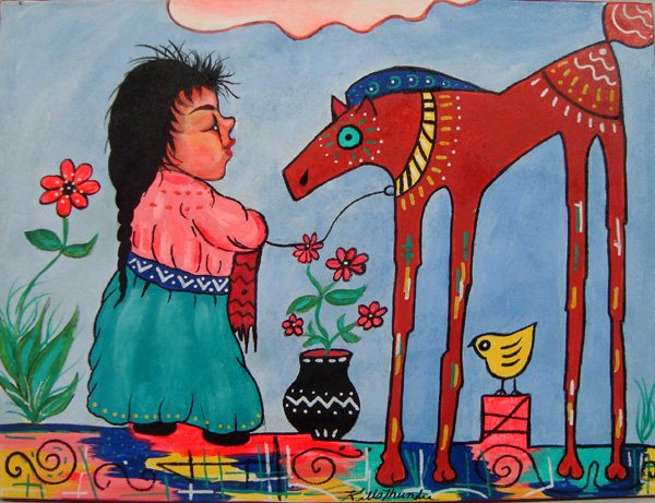 Original Acrylic Painting Mi Amingo by Kills Thunder: Original Acrylic Painting by Kills Thunder titled ''Mi Amigo''. Kathy Kills Thunder was born in Seattle Washington. Her Father was a Sioux Indian fron the Fort Peck Reservation in Northeast Montana. T