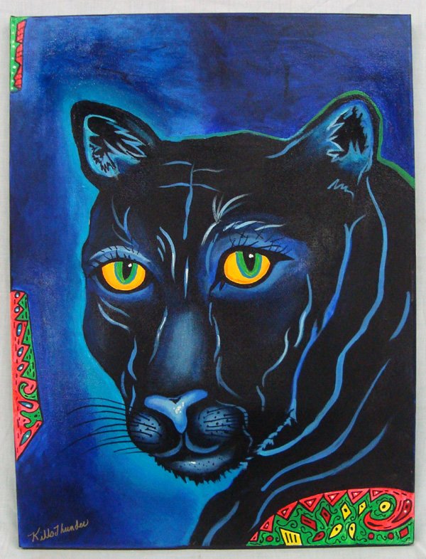 Original Acrylic Painting Jungle Queen by Kills Thunder: Original Acrylic Painting by Kills Thunder titled ''Queen of the Jungle''. Kathy Kills Thunder was born in Seattle Washington. Her Father was a Sioux Indian fron the Fort Peck Reservation in Northeast