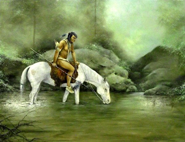 Antique Original Unsigned Native American Painting: Original Unsigned Native American Painting. This really nice piece shows a Native American rider and is painted on masonite board. This painting measures approx. 12''H x 16''W.