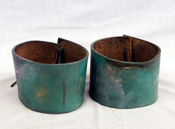Hopi Handpainted Leather Turquoise Arm Cuffs: From the Nick and Suzanne Nicholas Collection we have Hopi Handpainted Leather Turquoise Arm Cuffs, measures 14.5'' end to end and 3''H, leather ties