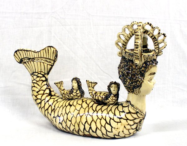 Museum Quality Mexican Michoacan Terracotta Mermaid: From the Proctor Estate Silver City, NM we have a Crowned Mermaid Sculpture, Media: Glazed terracotta From: Tzintzuntzan, Michoacan, measures 20''L x 13''H, she is wearing a large ornate crown and has