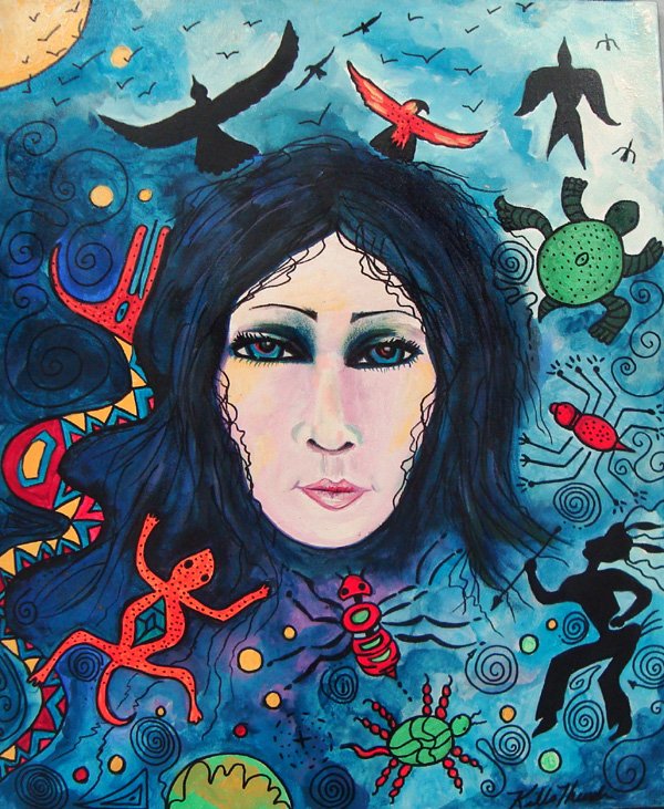 Original Acrylic Painting Spider Woman by Kills Thunder: Original Acrylic Painting by Kills Thunder titled ''Spider Medicine Woman''. Kathy Kills Thunder was born in Seattle Washington. Her Father was a Sioux Indian fron the Fort Peck Reservation in Northea
