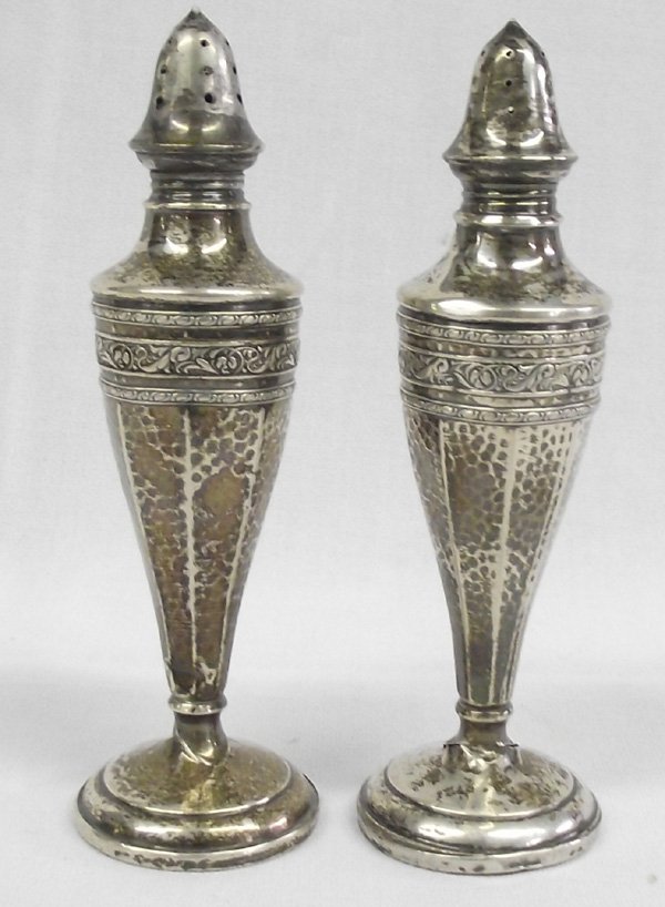 Vintage Sterling Salt & Pepper Shakers: From the Proctor Collection, Silver City, NM. Late Victorian measures 6.5'' high marked ''Sterling'' ''Weighted'' and ''f'' for Otto Farber. Slight condition issues at the tapered base. Interesting ha
