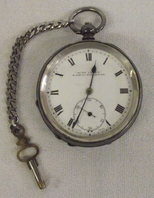 Antique H. Samuels Manchester Pocket Watch: Antique H. Samuels Manchester Pocket Watch; this fabulous piece has it all; antique pre 1920; Roman numerals; H. Samuels Manchester; Switzerland; sterling silver; mechanical hand winding; 14528 HS wat