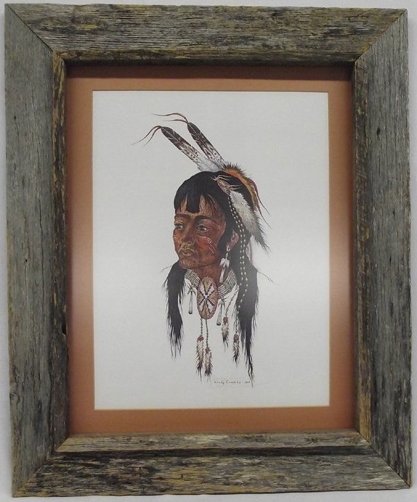 1968 Woody Crumbo ''Young Brave'' Framed Print: From the Nick and Suzanne Nicholas Collection we have a 1968 Woody Crumbo ''Young Brave'' Framed & Matted Print, visual measures 16''H x 13''W, framed 25 x 22 inches, signed and titled by artist in pe