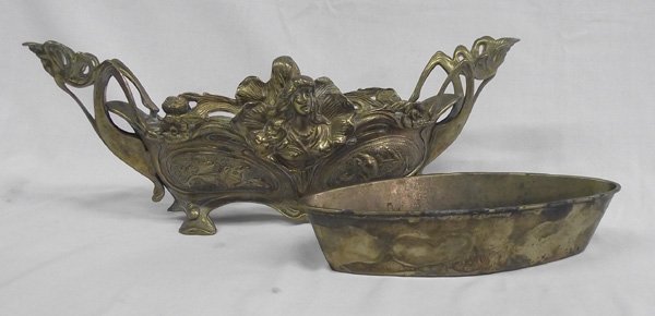 Ornate Brass Oblong Flower Arranger w/Liner: From the Proctor Collection, Silver City, NM. This is a piece that truly makes a statement in it's design and style. It has a late Art Nouveau look with the flowing lines which act as handles and the 