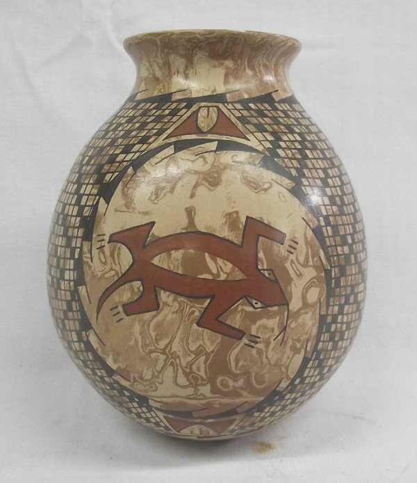 Mata Ortiz Polychrome Marbleized Clay Jar-L. Ortiz: Mata Ortiz Polychrome Marbleized Clay Jar Luis Ortiz. Fabulous jar, eye dazzler checker board turtle design, features 2 medallions each decorated with a stylized lizard, and geometric accents. Signed 