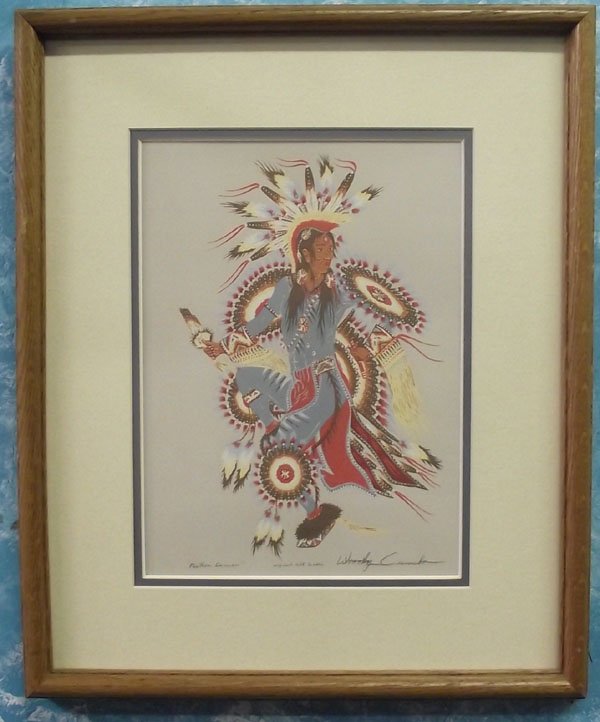 Framed Hand Signed Silkscreen by Woody Crumbo: From the Nick and Suzanne Nicholas Collection we have a Framed Hand Signed Silkscreen by Woody Crumbo, framed and double matted under glass, hand signed by artist Woody Crumbo Feather Dancer original