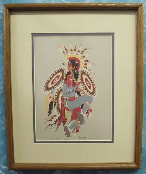 Framed Hand Signed Silkscreen by Woody Crumbo: From the Nick and Suzanne Nicholas Collection we have a Framed Hand Signed Silkscreen by Woody Crumbo, framed and double matted under glass, hand signed by artist Woody Crumbo Humming Bird Dancer orig