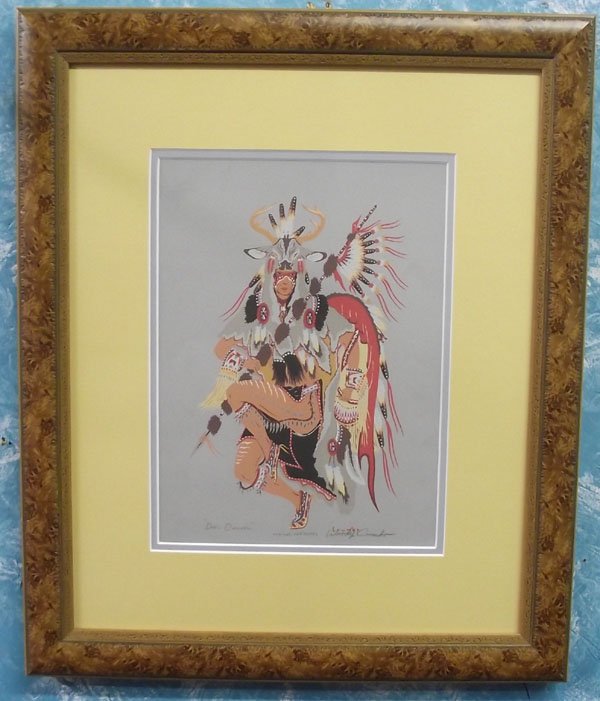 Framed Hand Signed Silkscreen by Woody Crumbo: From the Nick and Suzanne Nicholas Collection we have a Framed Hand Signed Silkscreen by Woody Crumbo, framed and double matted under glass, hand signed by artist Woody Crumbo Deer Dancer original sil