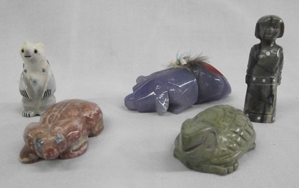 Zuni Hand Carved Fetishes one by Colvin Peina: Zuni Hand Carved Fetishes, largest measures 3''L x 1''H, #1 Maiden embellished with turquoise #2 Polar Bear carved from elk antler by Colvin Peina (deceased artist)Colvin Peina died early in 2008, Col