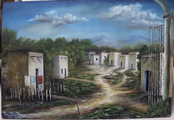Original Mexican Village Oil by Jose' Curis: Original Mexican Village Oil by Jose' Curis H., measures 11''H x 16''W, subtle earthtones depicting rustic Mexican village, signed by artist in lower lefthand corner, beautiful sky