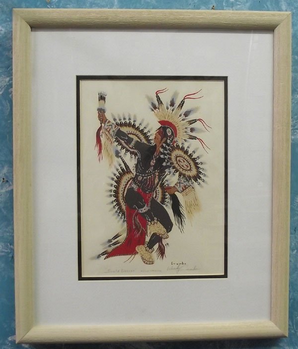 Framed Hand Signed Silkscreen by Woody Crumbo: From the Nick and Suzanne Nicholas Collection we have a Framed Hand Signed Silkscreen by Woody Crumbo, framed and double matted under glass, hand signed by artist Woody Crumbo Scalp Dancer original si
