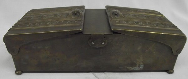 Art Deco Metal Box: Art Deco Metal Box, measures 10.75''L x 3.25''H x 4.5''W, brass and wooden early 1900s box with repousse' work on lid, wooden bottom