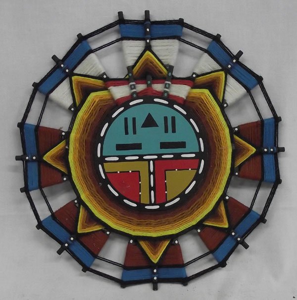 Hopi Flat Kachina Sun Face by Sandra Davis: Hopi Flat Kachina Sun Face by Sandra Davis, signed on back ''Hopi Dawa (SunGod) by Sandra (Humana) Davis Old Oraibi Village Hopi Tribe '86'', measures 17''D